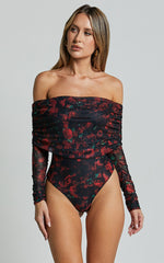 Jaythen Bodysuit - Long Sleeve Off Shoulder Ruched Mesh Bodysuit in Red Rose