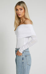 Jaythen Bodysuit - Long Sleeve Off Shoulder Ruched Mesh Bodysuit in White