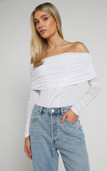 Jaythen Bodysuit - Long Sleeve Off Shoulder Ruched Mesh Bodysuit in White