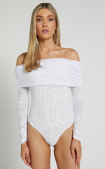 Jaythen Bodysuit - Long Sleeve Off Shoulder Ruched Mesh Bodysuit in White