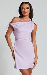 Jeofina Mini Dress - Off The Shoulder Linen Look Dress in Lilac