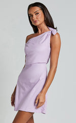 Jeofina Mini Dress - Off The Shoulder Linen Look Dress in Lilac