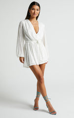Jessen Playsuit - Tie Waist Balloon Sleeve Playsuit in White Sequin