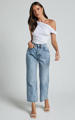 Jialeen Top - Off Shoulder Twist Asymmetrical Sleeve Top in White