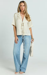 Jinky Top - Satin Tie Detail Short Sleeve Shirt in Off White