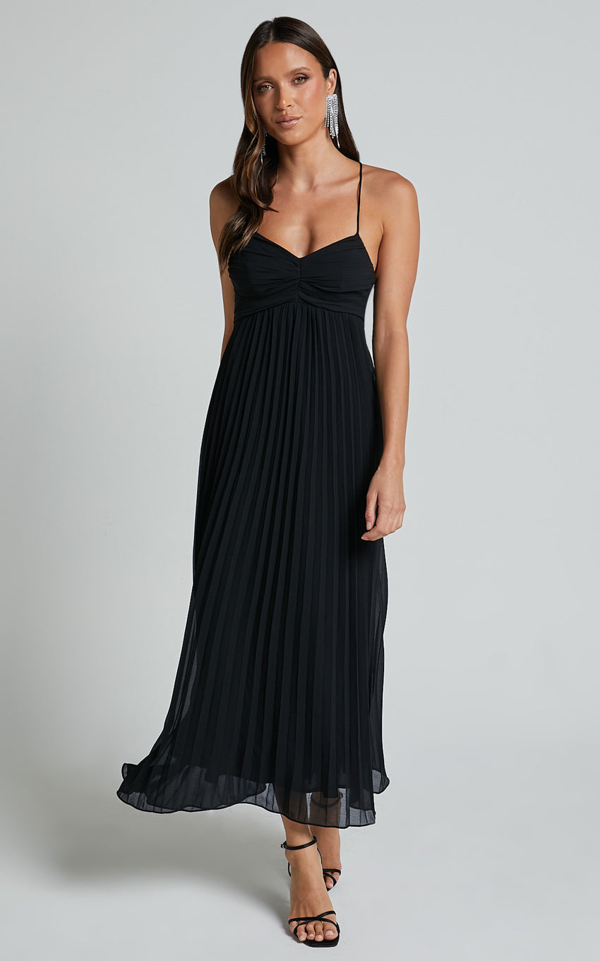 Jodie Midi Dress - Pleated Chiffon Ruched Bust Midi Dress in Black