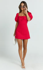 Jules Mini Dress - Puff Sleeve Square Neck Fit And Flare Dress in Red