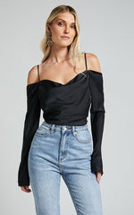 Julian Top - Off Shoulder Long Sleeve Cowl Neck Top in Black