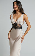 Juliet Midi Dress - V Neck Lace Insert Satin Slip Dress in Champagne
