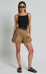 Khaimy Shorts - High Waisted Cuffed Shorts in Tan