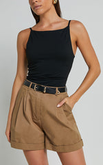 Khaimy Shorts - High Waisted Cuffed Shorts in Tan