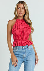 Kaiden Top - Halter Neck Backless Ruched Top in Red