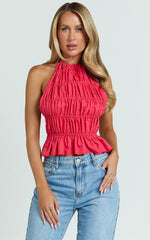 Kaiden Top - Halter Neck Backless Ruched Top in Red
