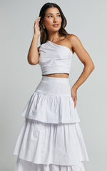 Kaycie Two Piece Set - One Shoulder Asymmetrical Ruched Top and Tiered Midi Skirt Set in White