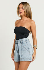 Kayla Shorts - High Waisted A Line Denim Shorts in Light Blue Wash