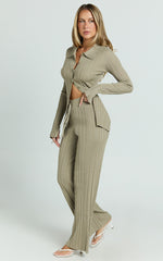 Kelsey Pants - High Drawstring Waist Knit Pants in Taupe