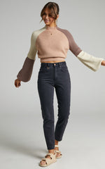 Kensley Jumper - Colour Block Turtleneck Balloon Sleeve Knit Jumper in Beige