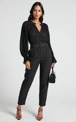 Kerray Top - V Neck Long Sleeve Pleated Top in Black