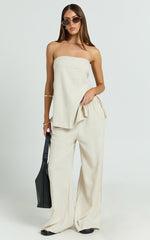 Kiesha Two Piece Set - Strapless Longline Top and Pants Set in Oatmeal