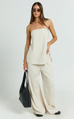 Kiesha Two Piece Set - Strapless Longline Top and Pants Set in Oatmeal
