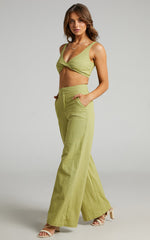 Kingston Two Piece Set - Twist Front Twill and Wide Leg Pants Set in Green
