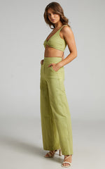 Kingston Two Piece Set - Twist Front Twill and Wide Leg Pants Set in Green
