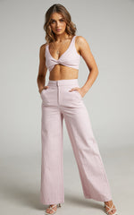 Kingston Two Piece Set - Twist Front Twill and Wide Leg Pants Set in Pink