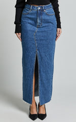 Kira Midi Skirt - Front Split Denim Skirt in Dark Blue Wash