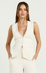 Kira Top - Tailored Longline Tie Back V Neck Vest in Bone
