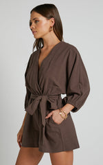 Kiro Playsuit - Linen V Neck Puff Sleeve Tie Waist Playsuit in Chocolate