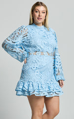Kiss Me Now Mini Dress - Long Puff Sleeve Dress in Soft Blue