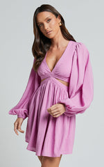 Klarika Mini Dress - Bishop Sleeve Cut Out Dress in Rose