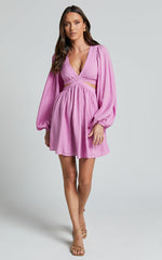 Klarika Mini Dress - Bishop Sleeve Cut Out Dress in Rose