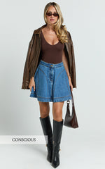 Koemi Skirt - High Waisted Denim Flare in Mid Blue Wash