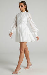 Kyra Mini Dress - Pin Tuck Detail Tiered Shirt Dress in Off White