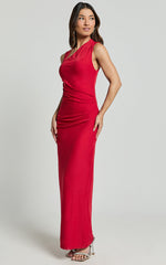 Lara Midi Dress - Asymmetrical Ruched Mesh Dress in Red