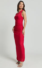 Lara Midi Dress - Asymmetrical Ruched Mesh Dress in Red