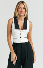 Laurel Top - Contrast Shawl Collar Button Down Vest Top in Off White & Black