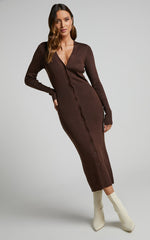 Leahanna Midi Dress - Button Front Knit Dress in Dark Oak