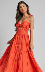 Leticia Midi Dress - Twist Front Tie Strap Tiered Dress in Orange