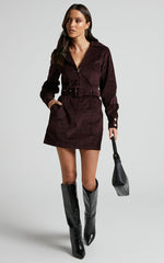 Lheya Mini Dress - Long Sleeve Belted Dress in Plum
