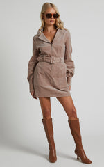 Lheya Mini Dress - Long Sleeve Belted Dress in Beige