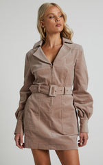Lheya Mini Dress - Long Sleeve Belted Dress in Beige