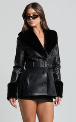 Lioness - Brooklyn Short PU With Fur Trim Coat in Onyx