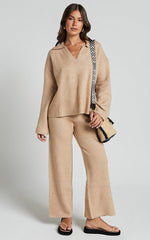 Livia Jumper - Knitted V Neck Collared Jumper in Beige Marl
