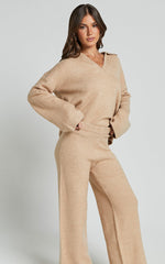 Livia Pants - Knitted High Waisted Side Split Pants in Beige Marl
