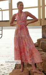 Amalie The Label - Monte Plunge Neck Tie Back Tiered Maxi Dress in Morocco Print