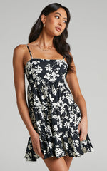Lorelle Mini Dress - Straight Neck Tiered Dress in Black Floral