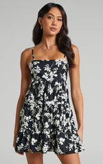 Lorelle Mini Dress - Straight Neck Tiered Dress in Black Floral