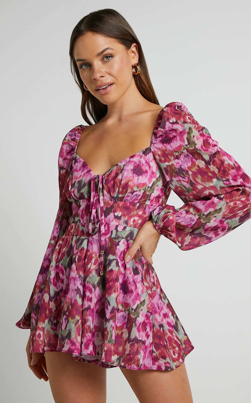 Lorie Playsuit - Long Sleeve Sweetheart Playsuit in Violette Blur Floral